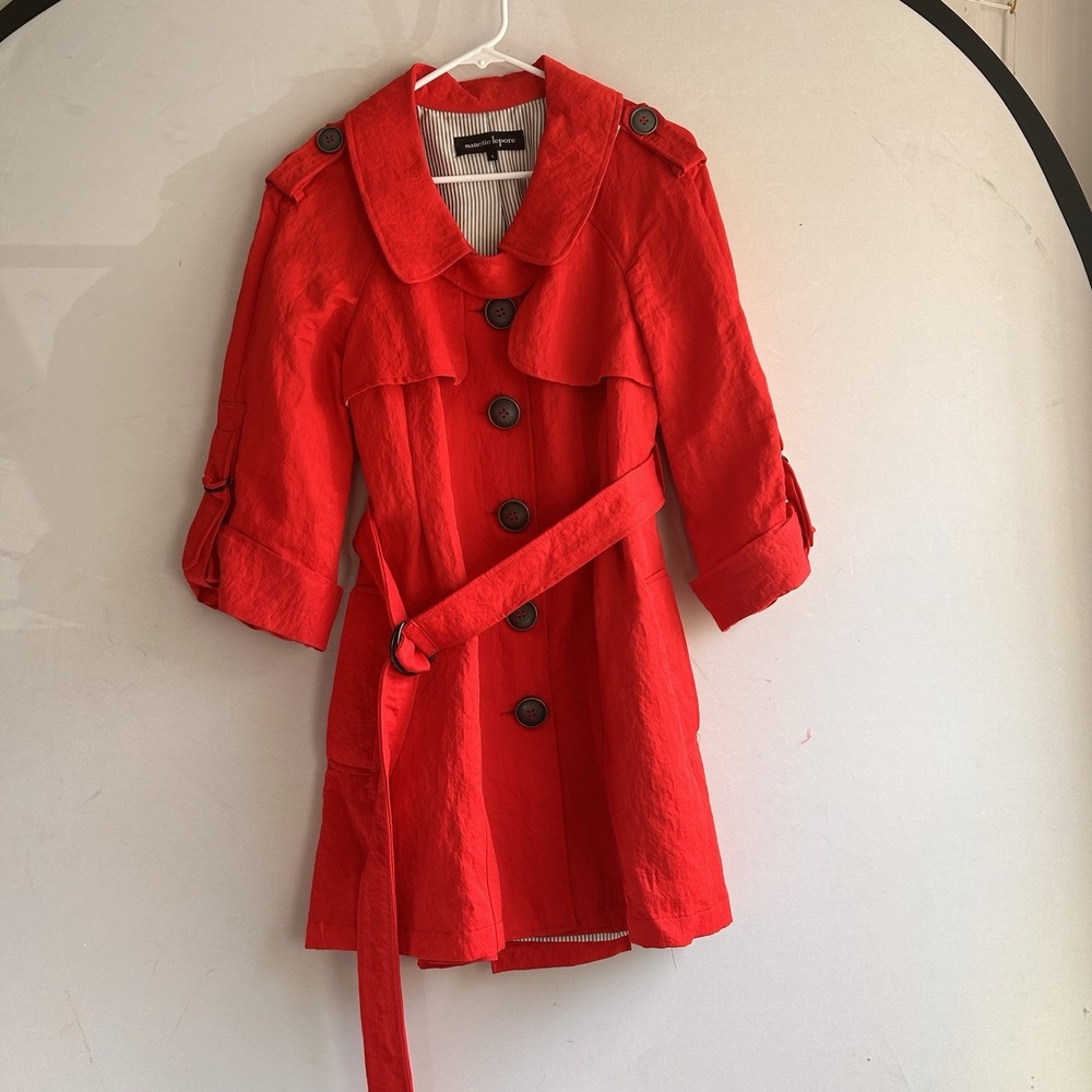 Nanette Lepore Red Belted Trench Coat Jacket 6 Pinstripe Lining Button Front